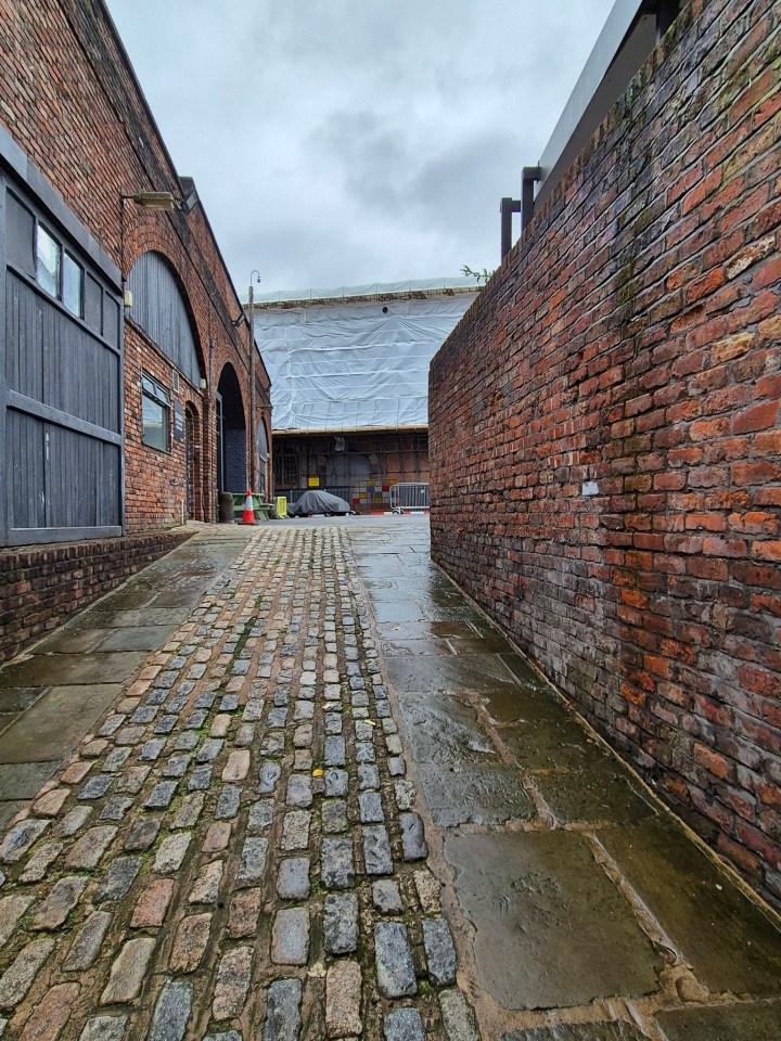 a cobblestone alleyway between two brick buildings