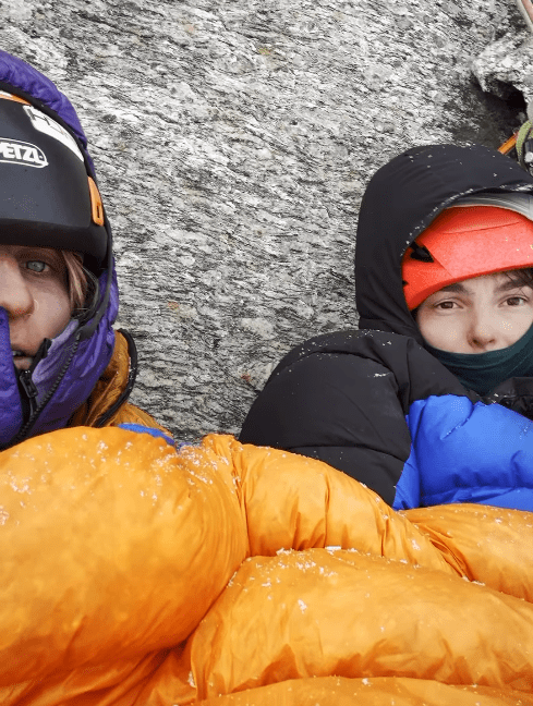 Faye and Michelle huddled together for warmth as they shared a sleeping bag