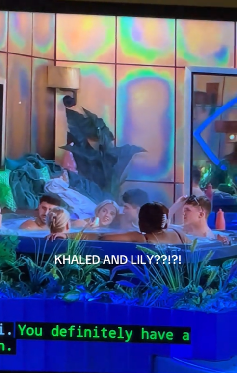 a group of people in a hot tub with the words khaled and lily on the screen