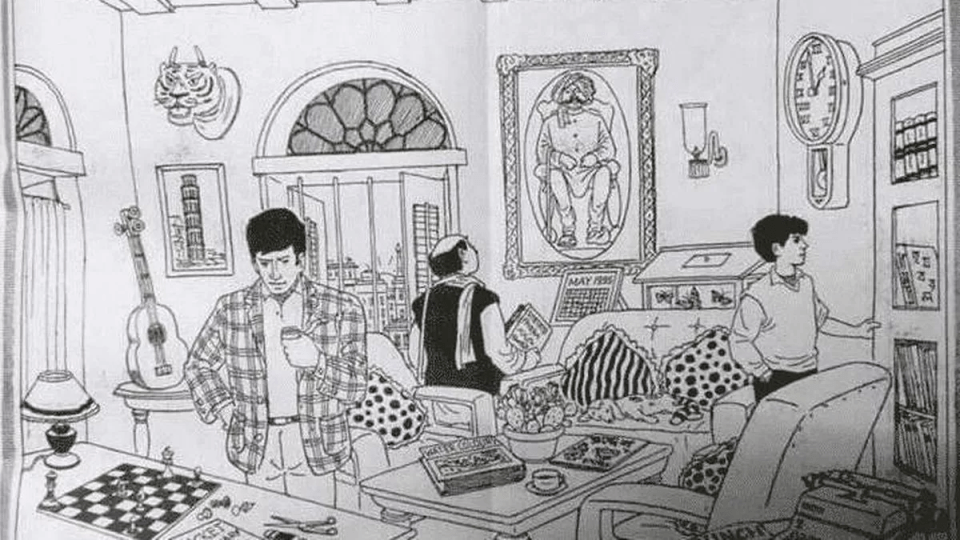 a black and white drawing of people in a living room