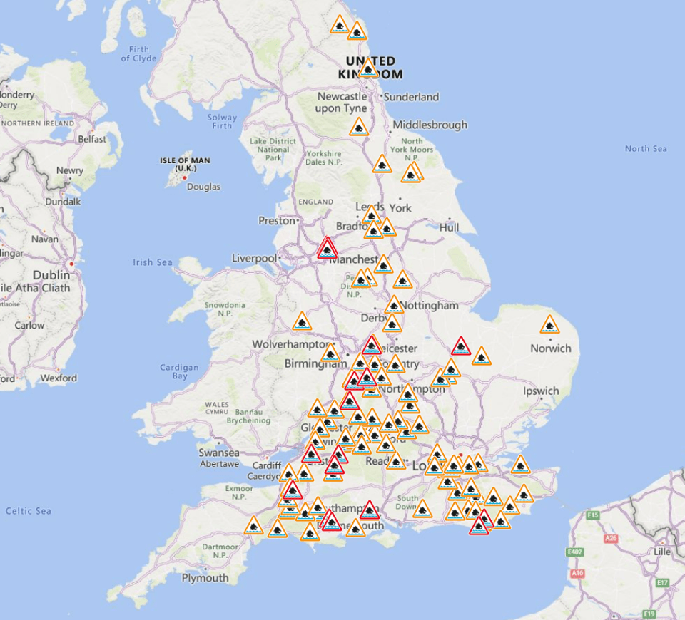 There were 73 alerts in place with flood warnings for 18 locations