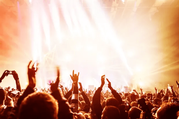 a crowd of people at a concert with their hands in the air