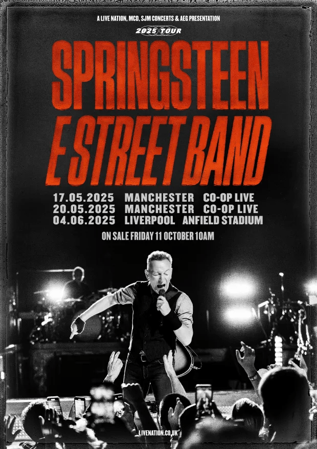 a poster for springsteen e street band shows a man singing into a microphone