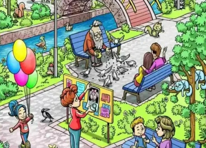 a cartoon of a park with a man feeding pigeons and a woman holding balloons .