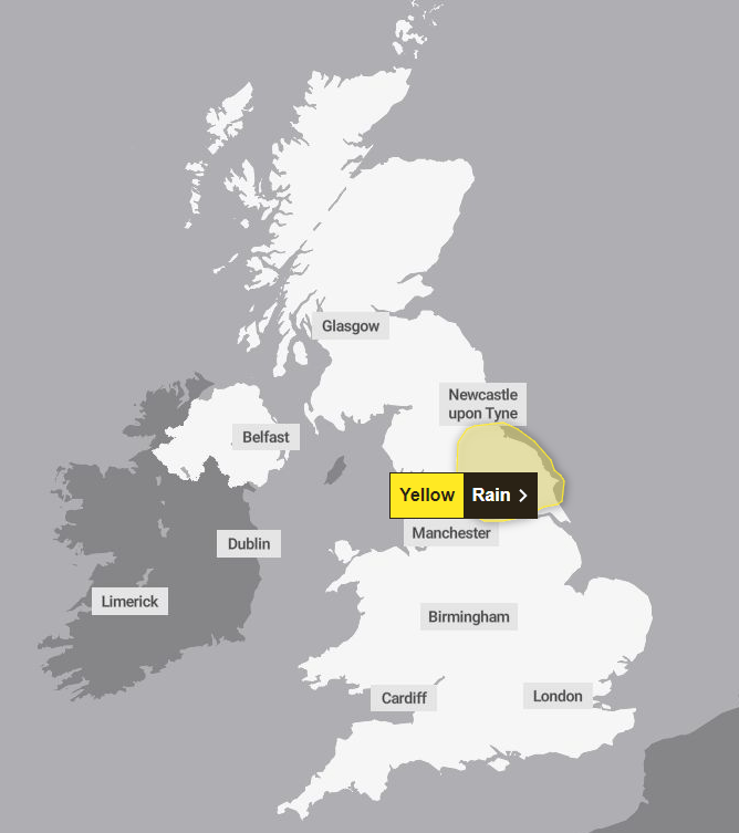 The forecaster issued a yellow weather warning for rain covering North East England