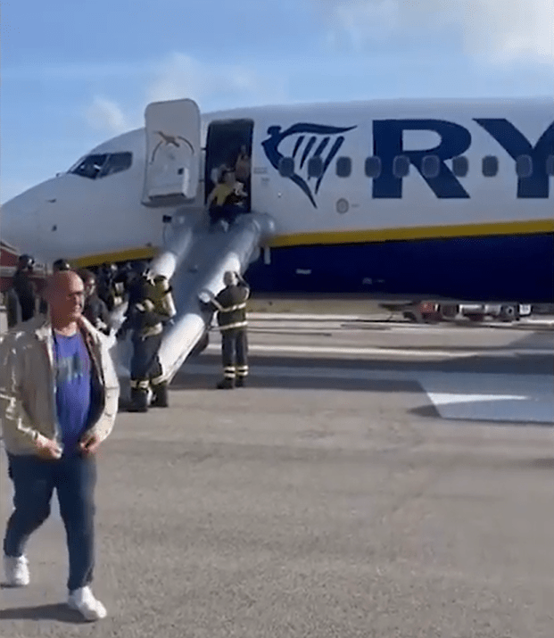 a man walking in front of a ryan airplane