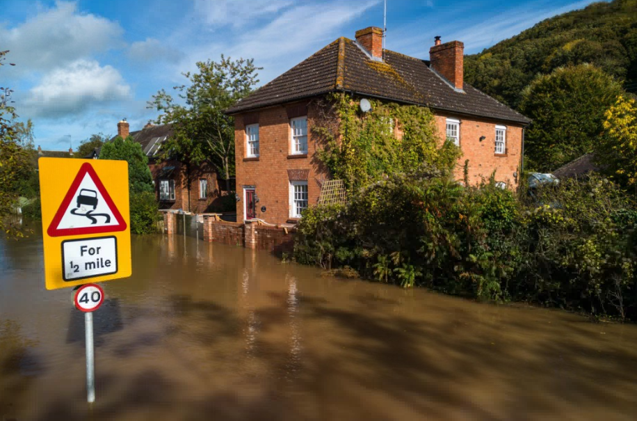 a flooded area with a sign that says for 1/2 mile