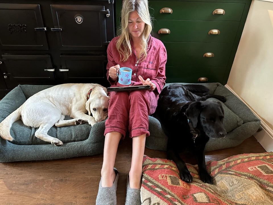 a woman sits on a dog bed with two dogs