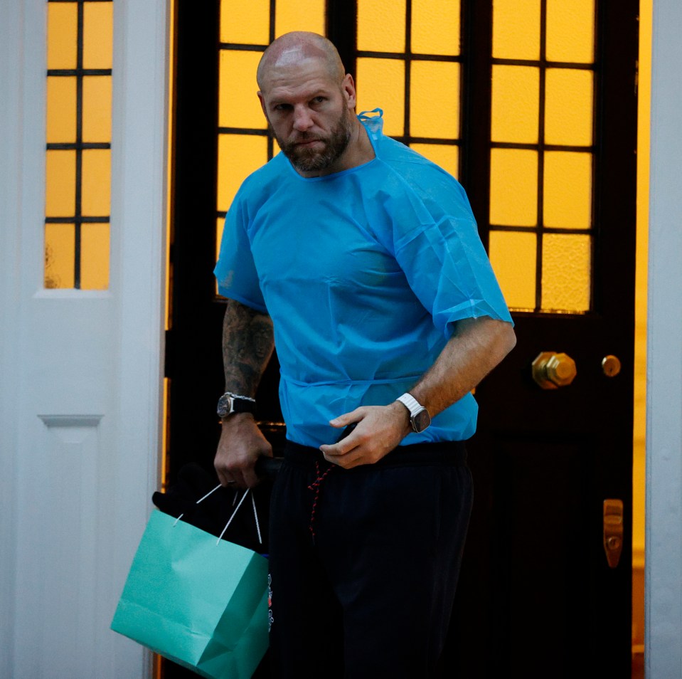 James Haskell steps shaven-headed from a Harley Street clinic after a 'preventative' hair transplant