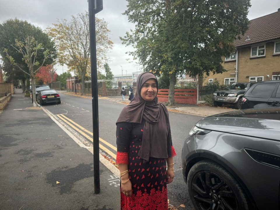 a woman wearing a hijab is standing on the side of the road