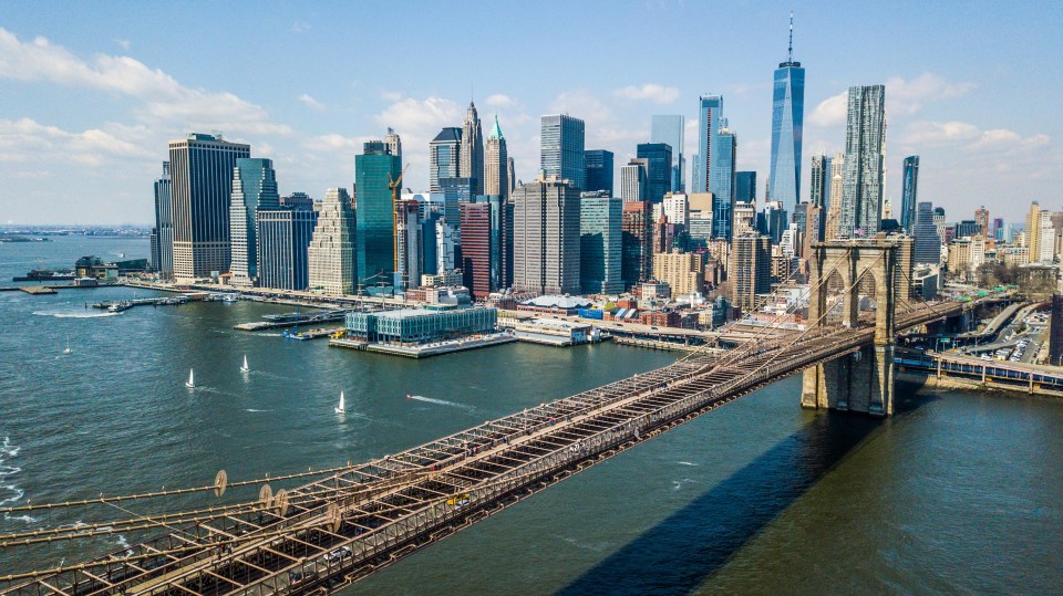 a bridge over a body of water with a city skyline in the background