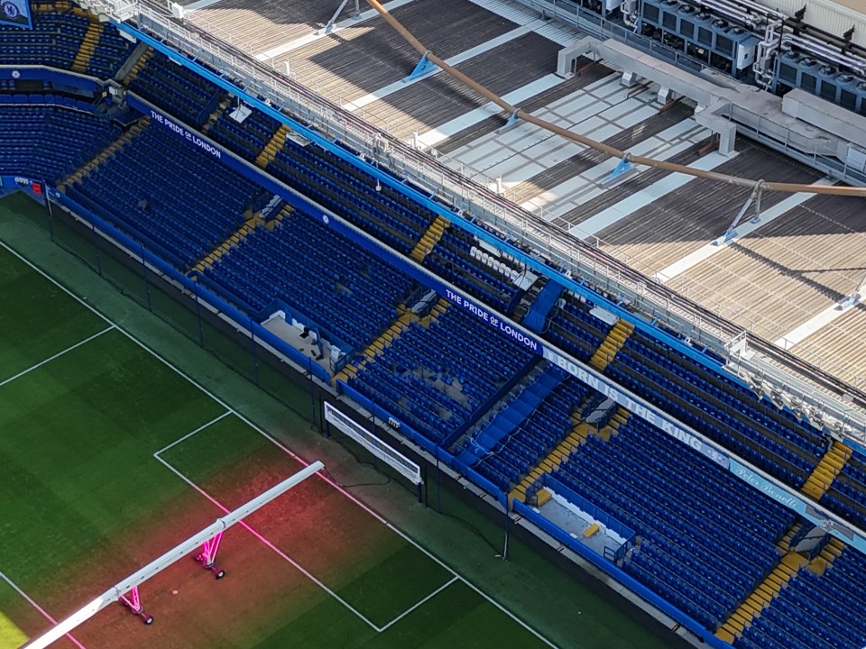 an aerial view of a soccer stadium with the word london on the seats