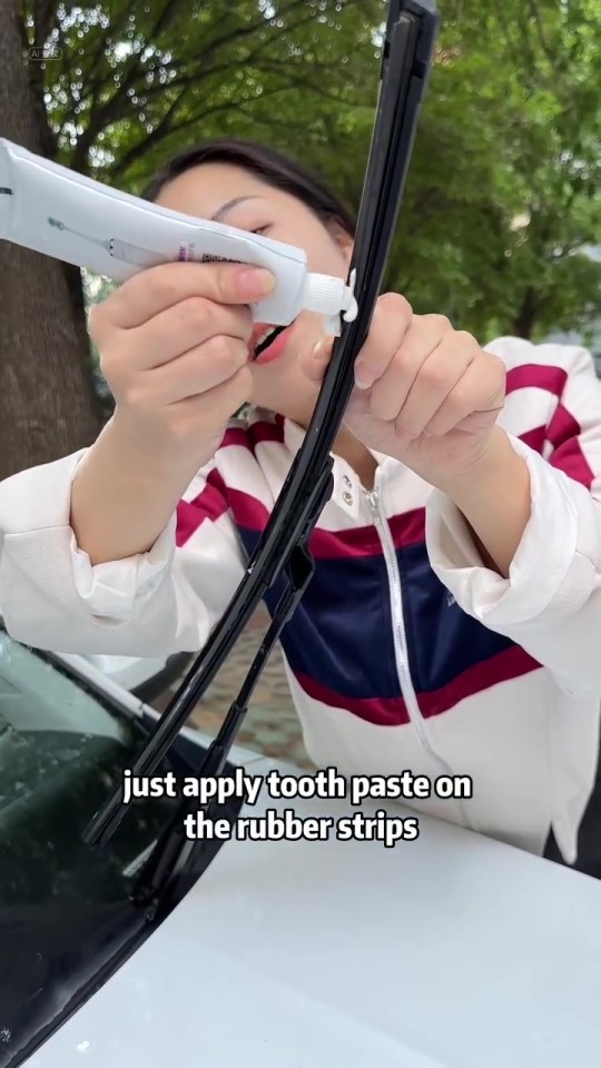 a woman is applying toothpaste to a windshield wiper