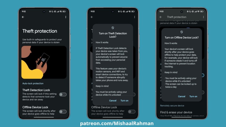 three screenshots of a phone screen showing theft protection