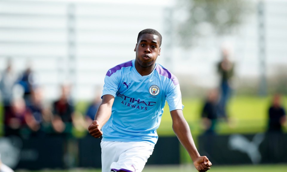 MANCHESTER, ENGLAND - SEPTEMBER 14: Jamie Bynoe-Gittens of Manchester City celebrates scoring at Manchester City Football Academy on September 14, 2019 in Manchester, England. (Photo by Manchester City FC/Manchester City FC via Getty Images)