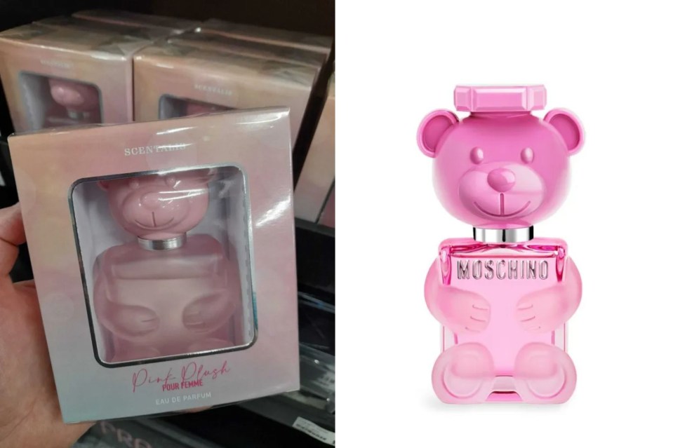 a pink teddy bear shaped bottle of moschino perfume