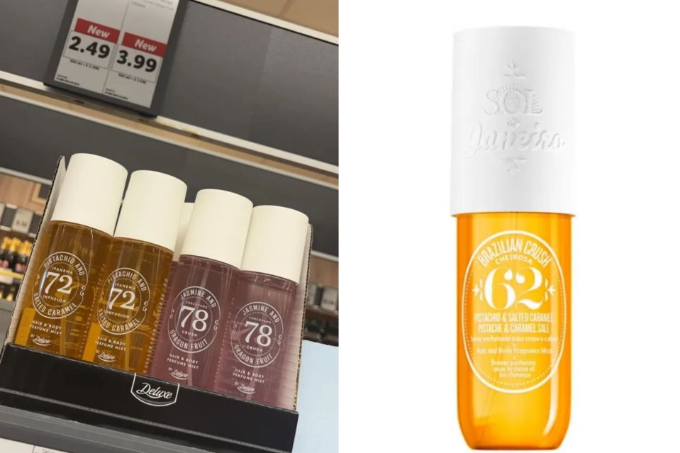 Lidl's Pistachio and Salted Caramel spray, pictured on the left, is a dupe for Sol de Janeiro’s Brazilian Crush Cheirosa 62