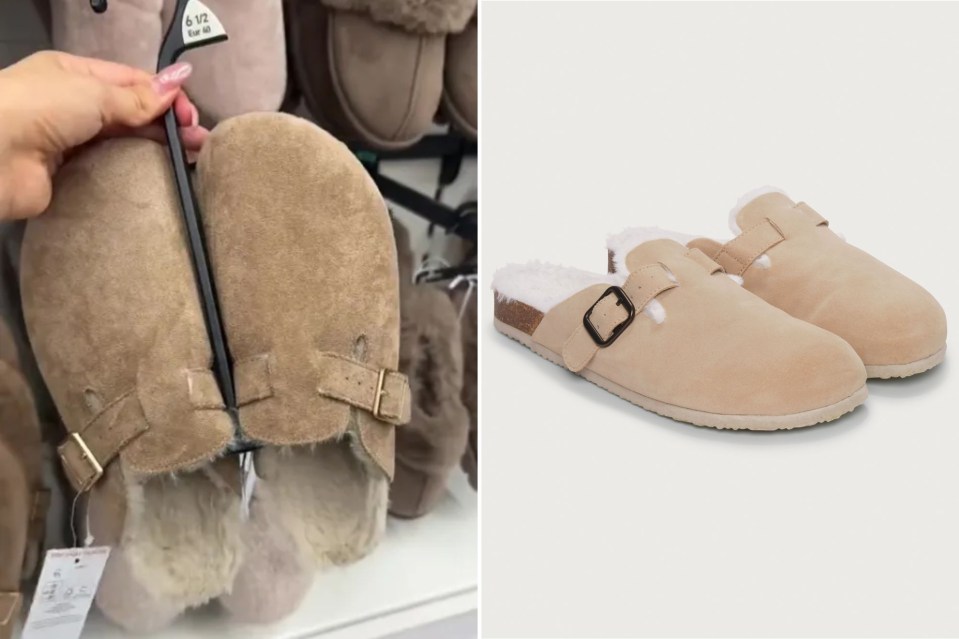 a person is holding a pair of slippers next to a picture of a pair of slippers