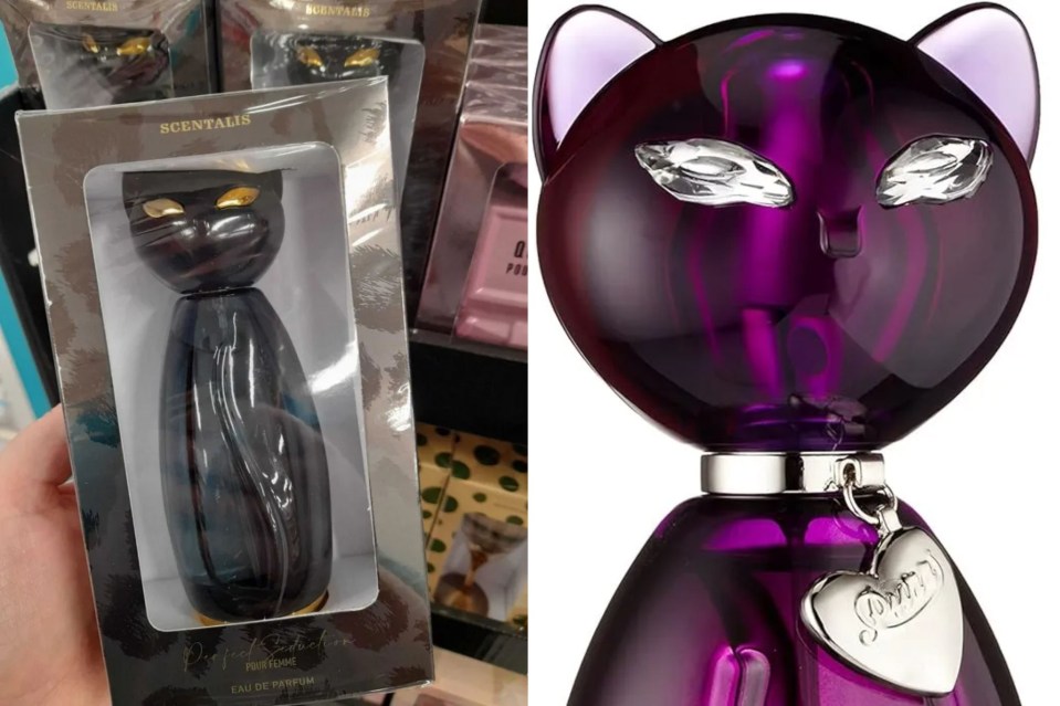 a bottle of scentalis perfume in the shape of a cat