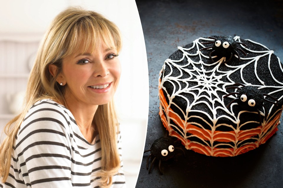 a woman next to a cake with spiders on it