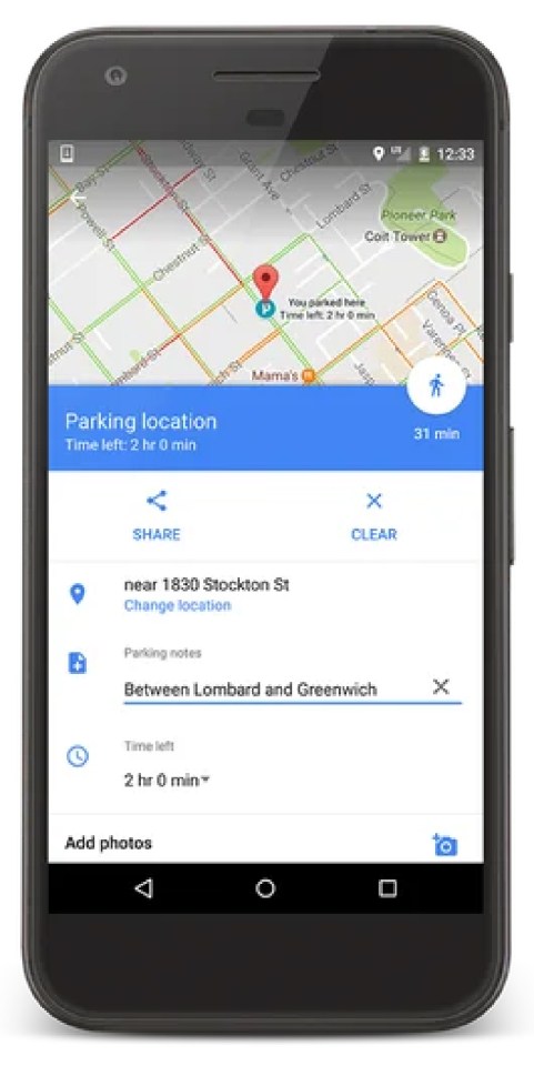 a google maps app shows a parking location between lombard and greenwich