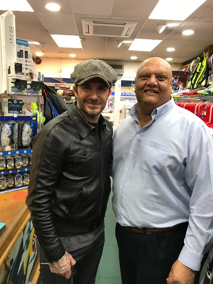 David Beckham, left, with Dip Patel at Euro Sports in 2016