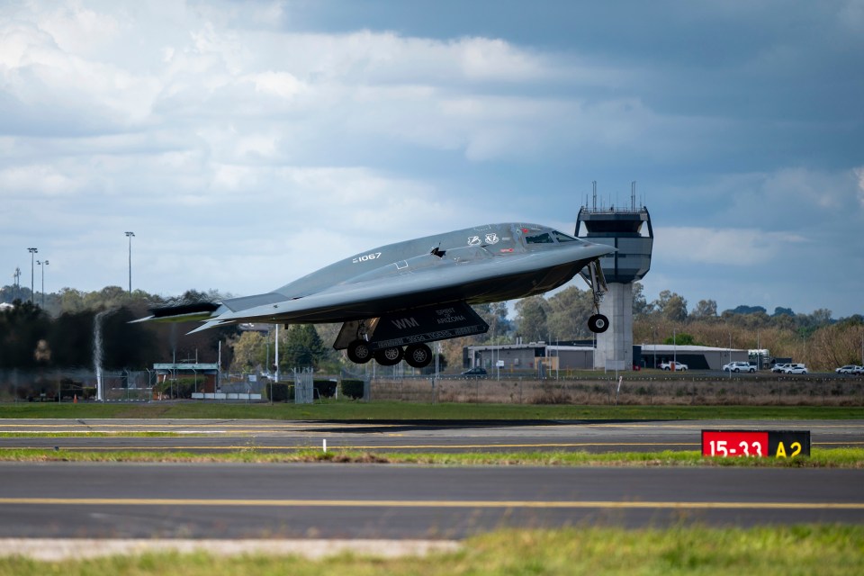 U.S. Air Force B-2 Spirit stealth bomber takes off from a Royal Australian Air Force base