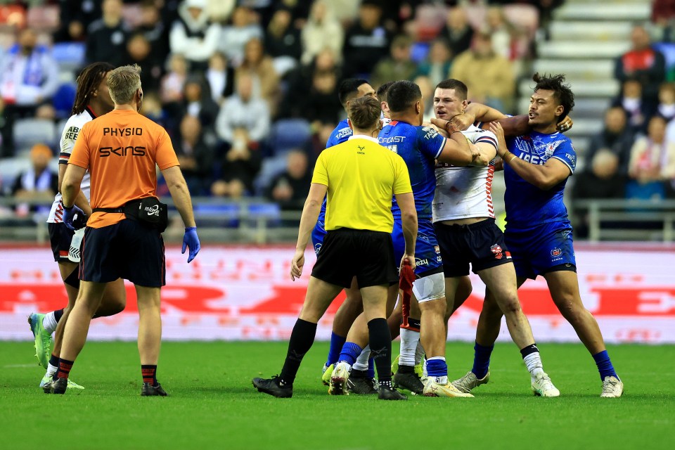 England and Samoa players were involved in a heated scrap in rugby league