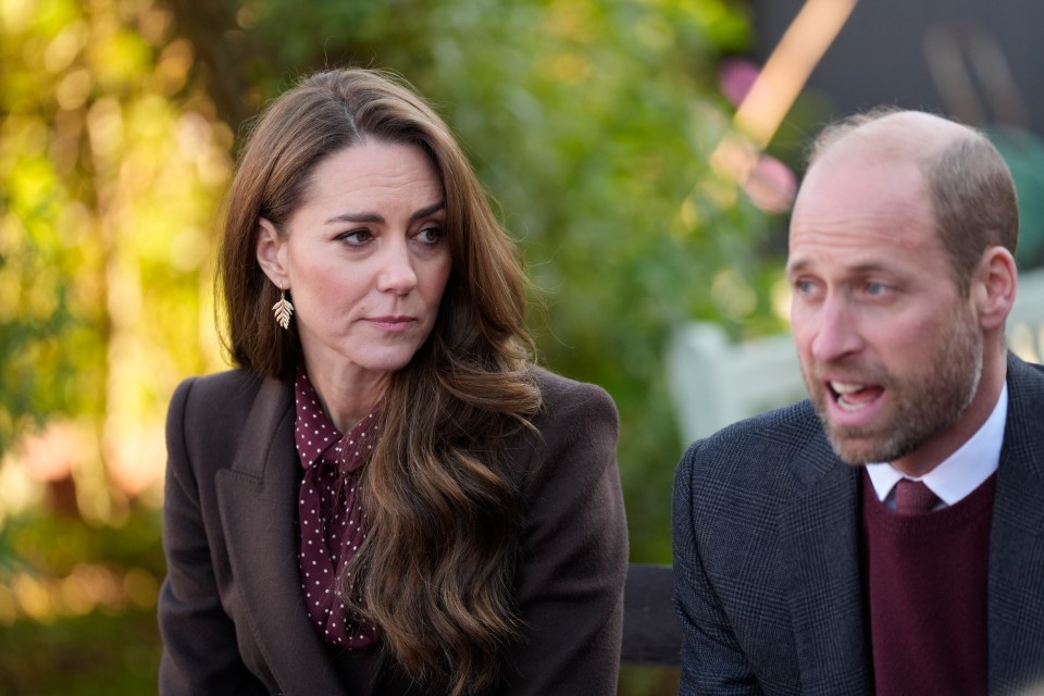 William speaks to members of the emergency services as Kate looks on