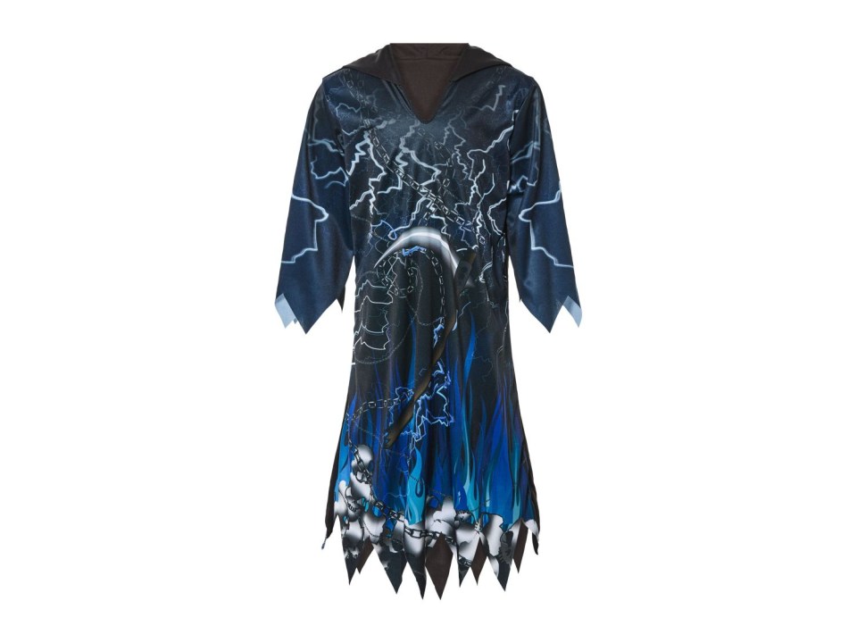 a blue and black robe with lightning and skulls on it