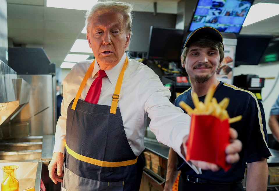 Donald Trump worked on the French fry station Sunday in a campaign stop at McDonald's