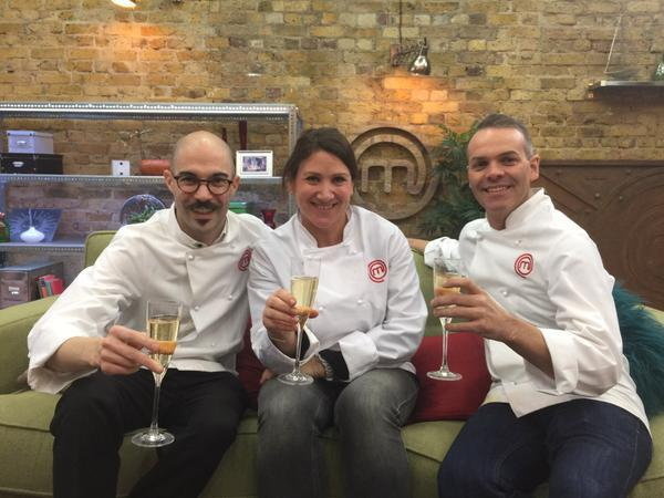 Simon on the set of Master Chef with two other contestants