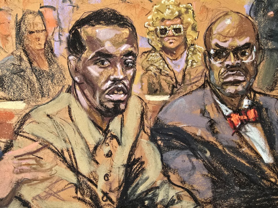 a drawing of two men sitting in a courtroom