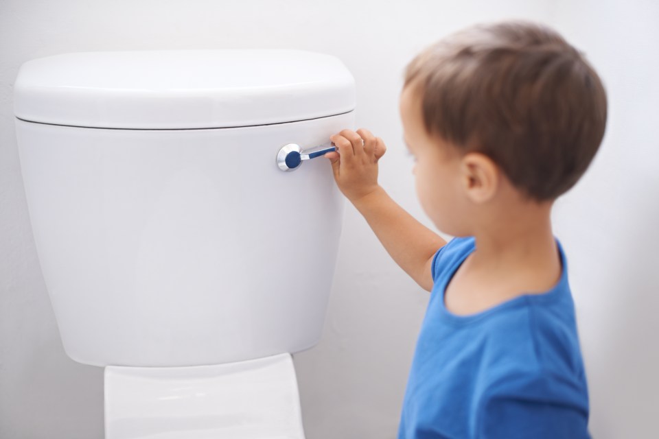 a young boy in a blue shirt is brushing his teeth on a toilet