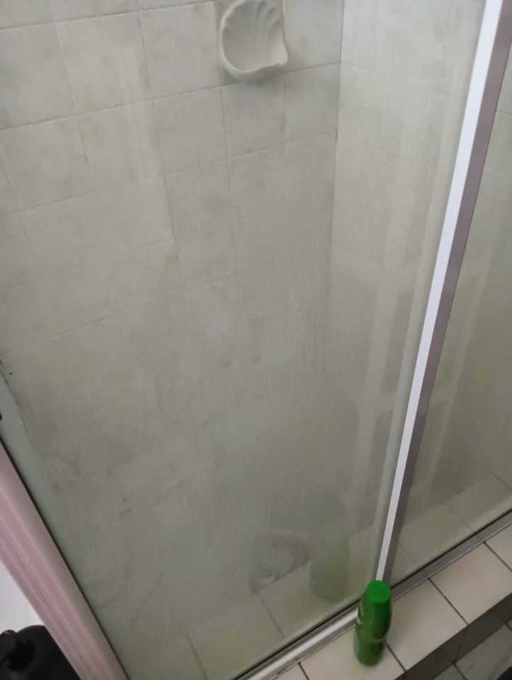 The shower screen had previously been covered in layers of grime (pictured)