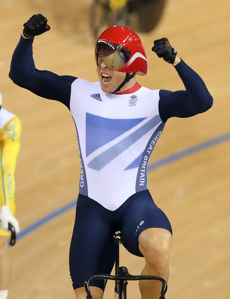 Sir Chris celebrates victory in the final of the men’s Keirin at the 2012 London Olympics