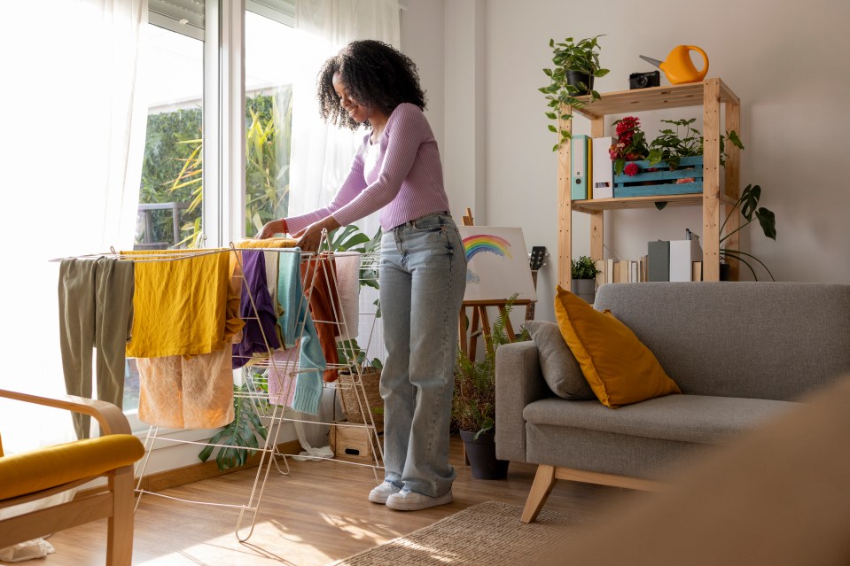 a woman hangs clothes on a rack in a living room