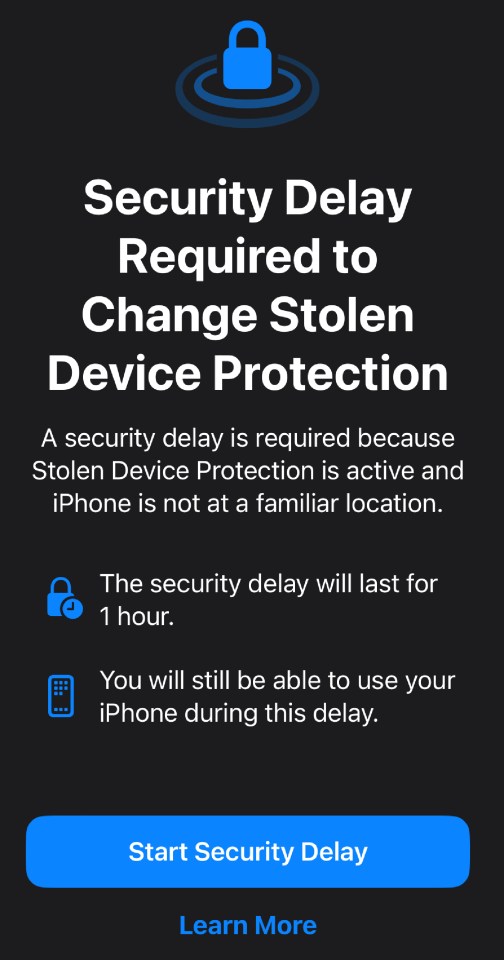 a security delay is required to change stolen device protection