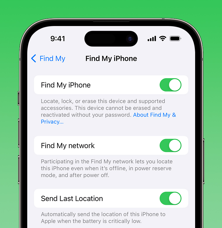 a phone screen that says find my iphone on it