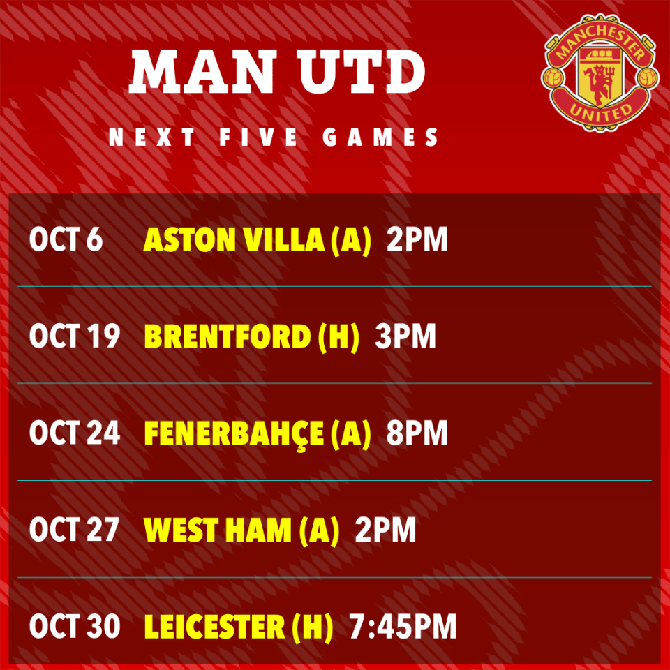 a poster for man utd next five games including aston villa brentford fenerbahce and west ham