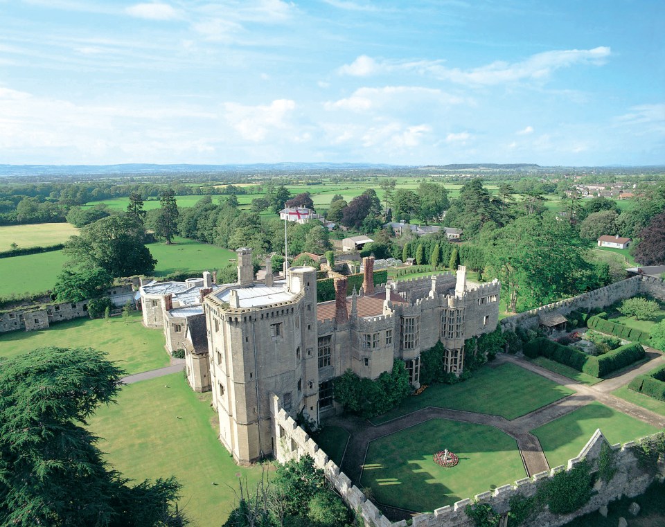 an aerial view of a castle with a flag on top