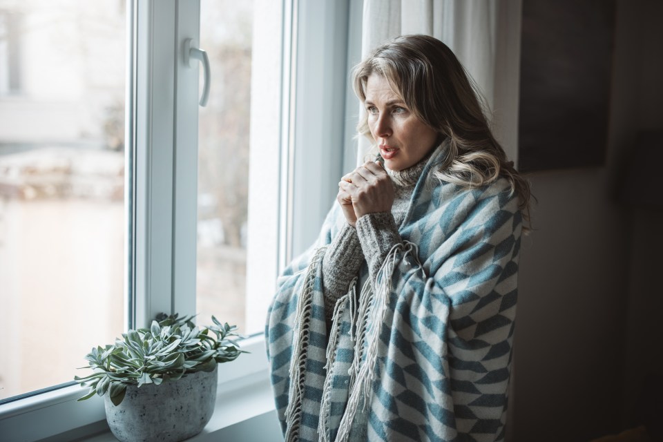 a woman wrapped in a blanket looks out a window