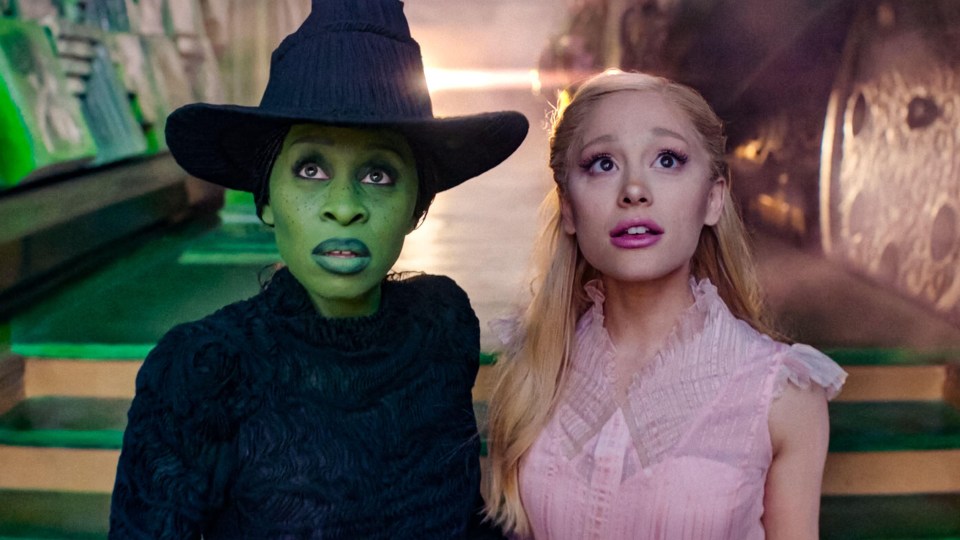 a woman in a pink dress stands next to a green witch