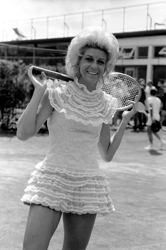 Lea Pericoli wearing a Victorian lace tennis outfit by Teddy Tinling in 1970