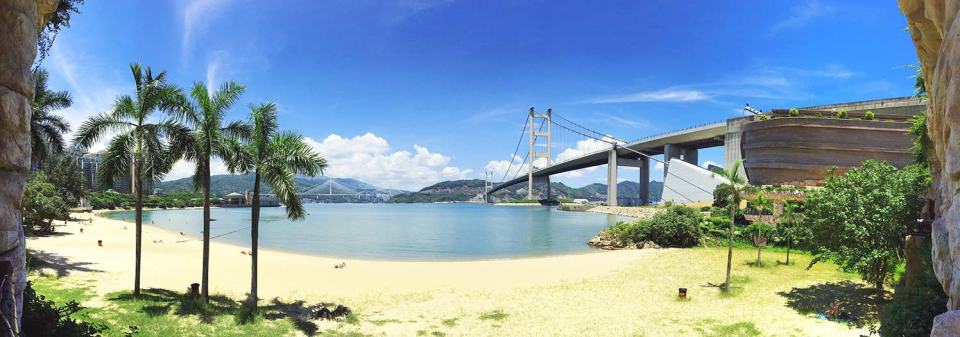 The hotel is next to Tung Wan Beach and has spectacular views of the Tsing Ma Bridge