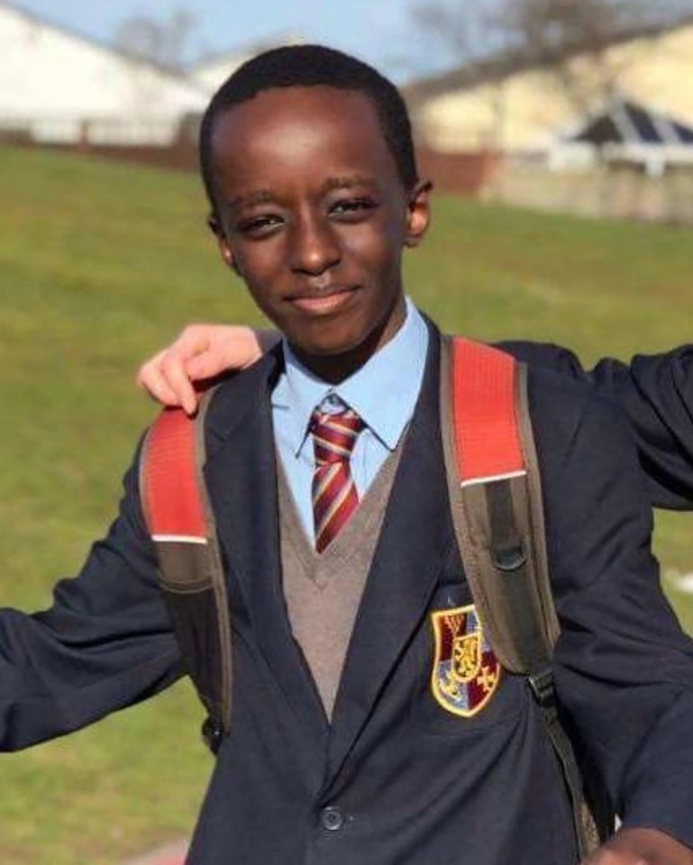 a young boy in a school uniform and tie is standing in a field .