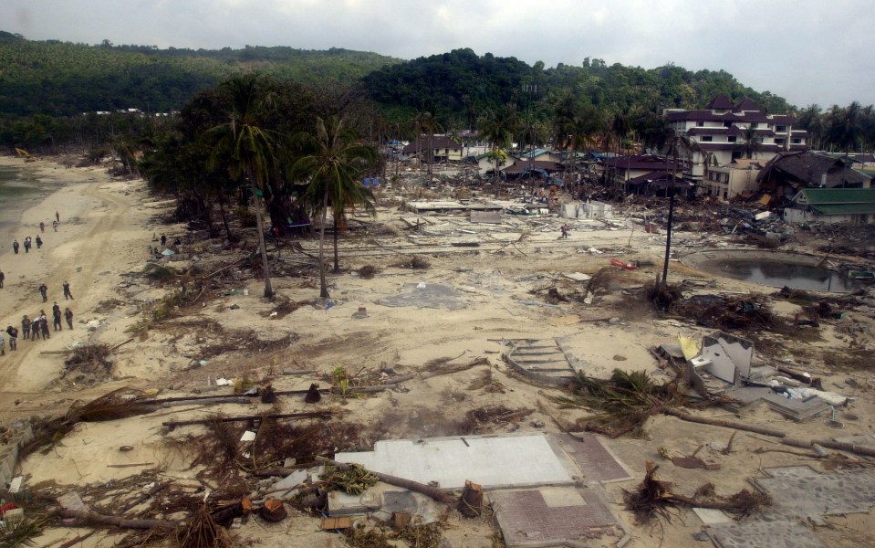 An aerial shot of Phi Phi island shows the devastation that was left