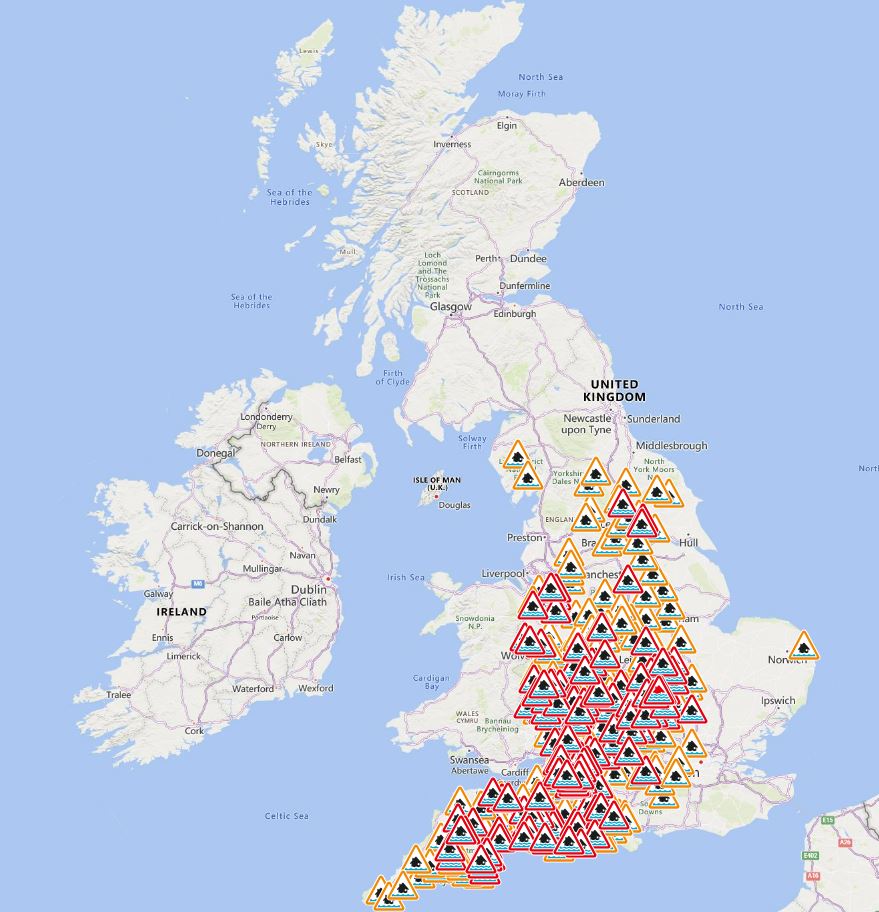 Red flood warnings cover the country on Monday