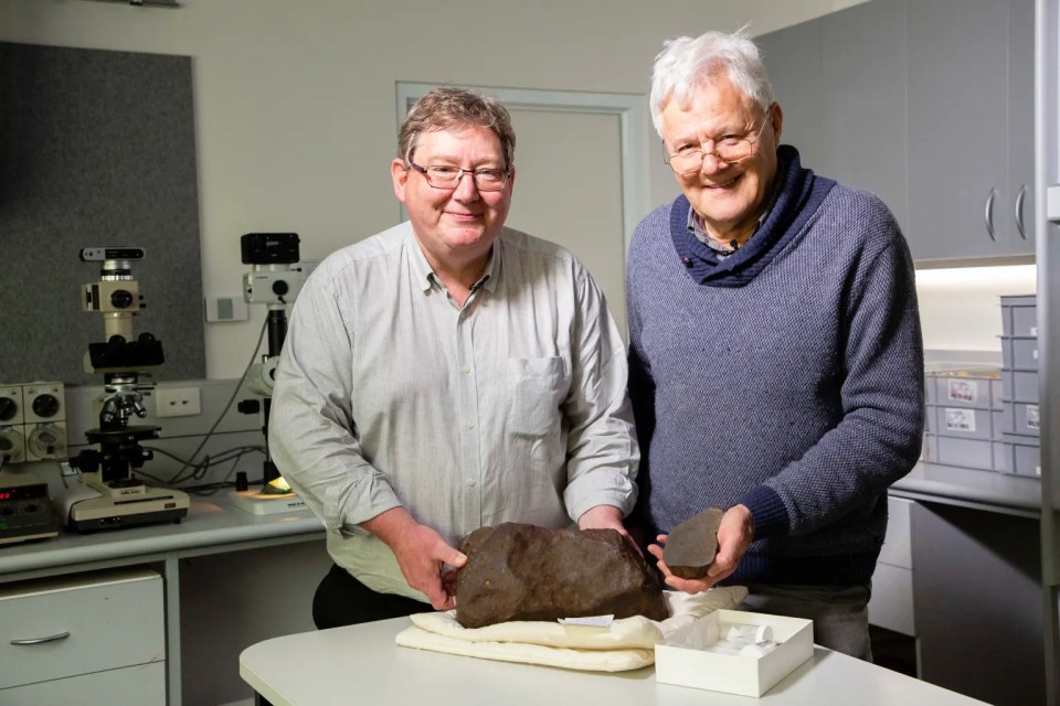 Geologists Dermot Henry (left) and Bill Birch holding the rock after examining it