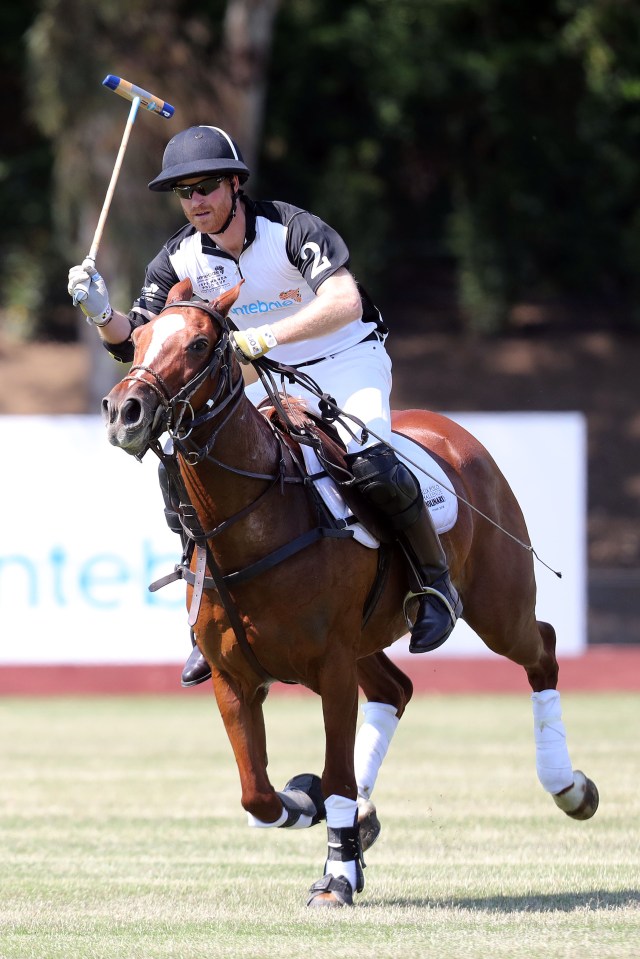 Harry riding during the Sentebale ISPS Handa Polo Cup in May 2019 in Rome, Italy